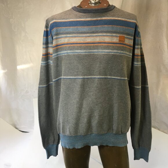 Bench Men's Blue Gray Yellow Stripe Crew Neck Sweater Size L Large Tight Knit - Picture 8 of 16